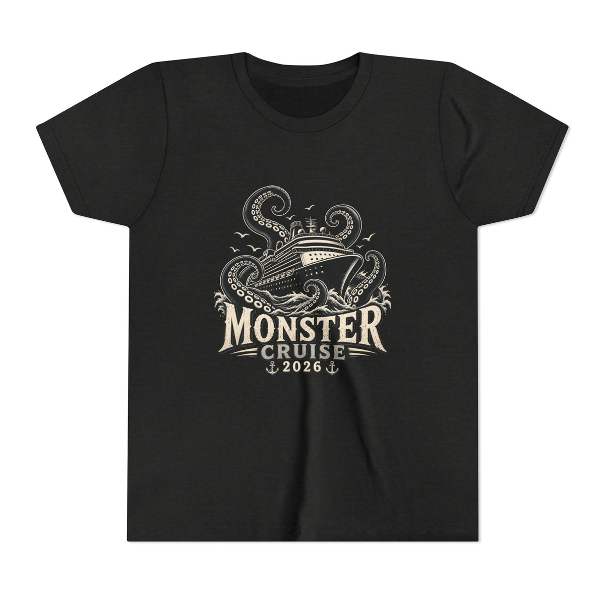 Monster Cruise Youth Tee — Kraken Ship Graphic Kids T-Shirt