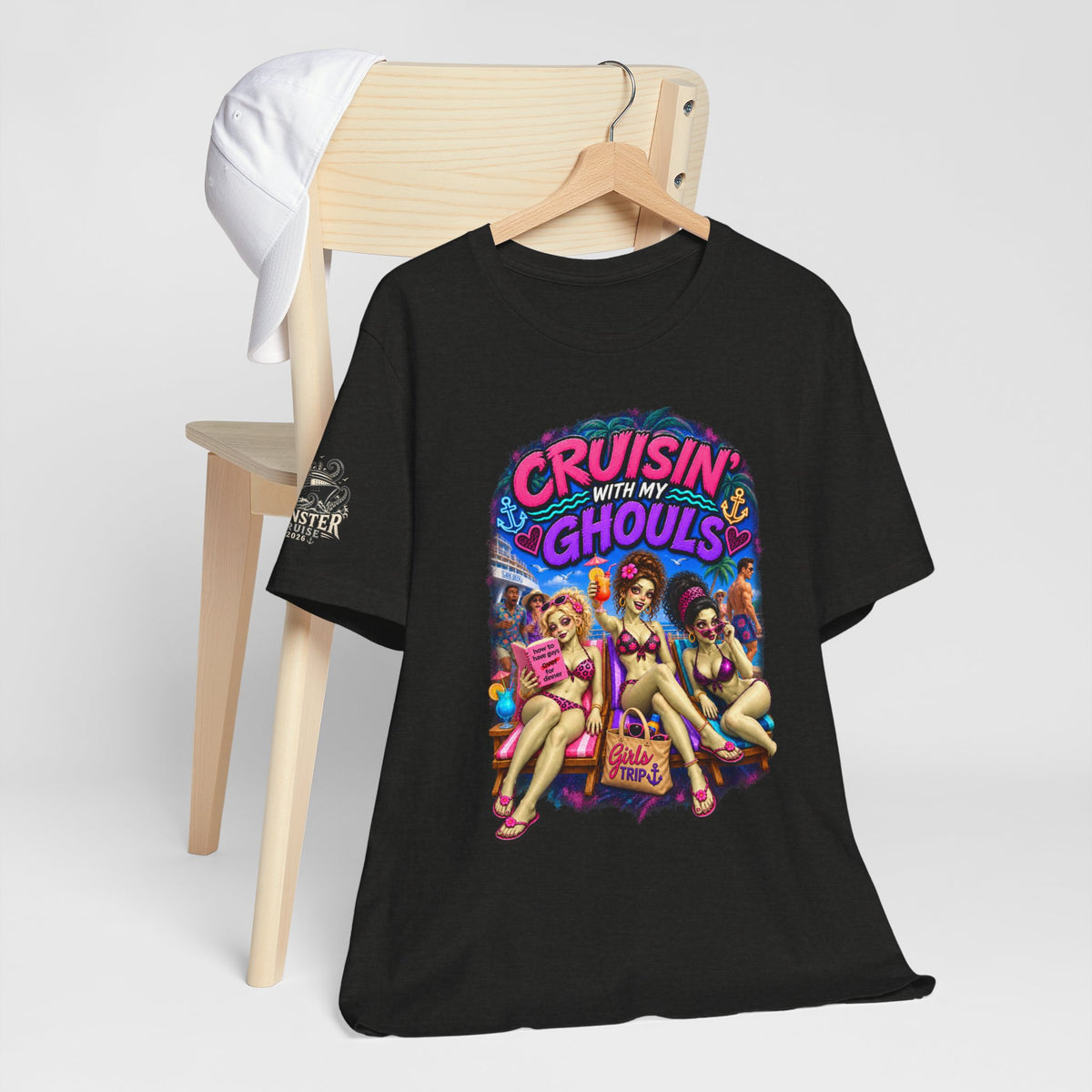 Cruisin' With My Ghouls Beach Tee — Retro Pinup Halloween T‑Shirt