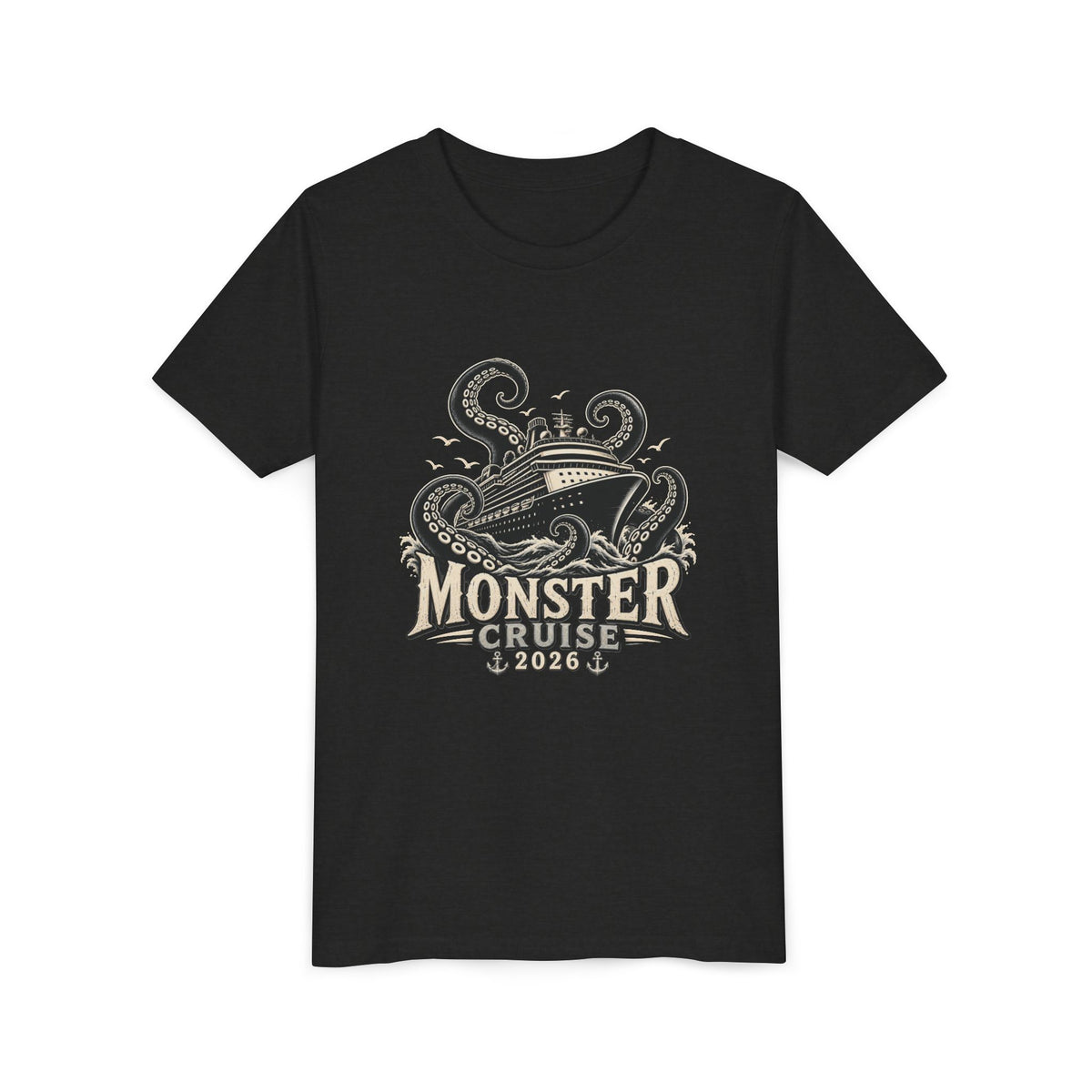 Monster Cruise Youth Tee — Kraken Ship Graphic Kids T-Shirt