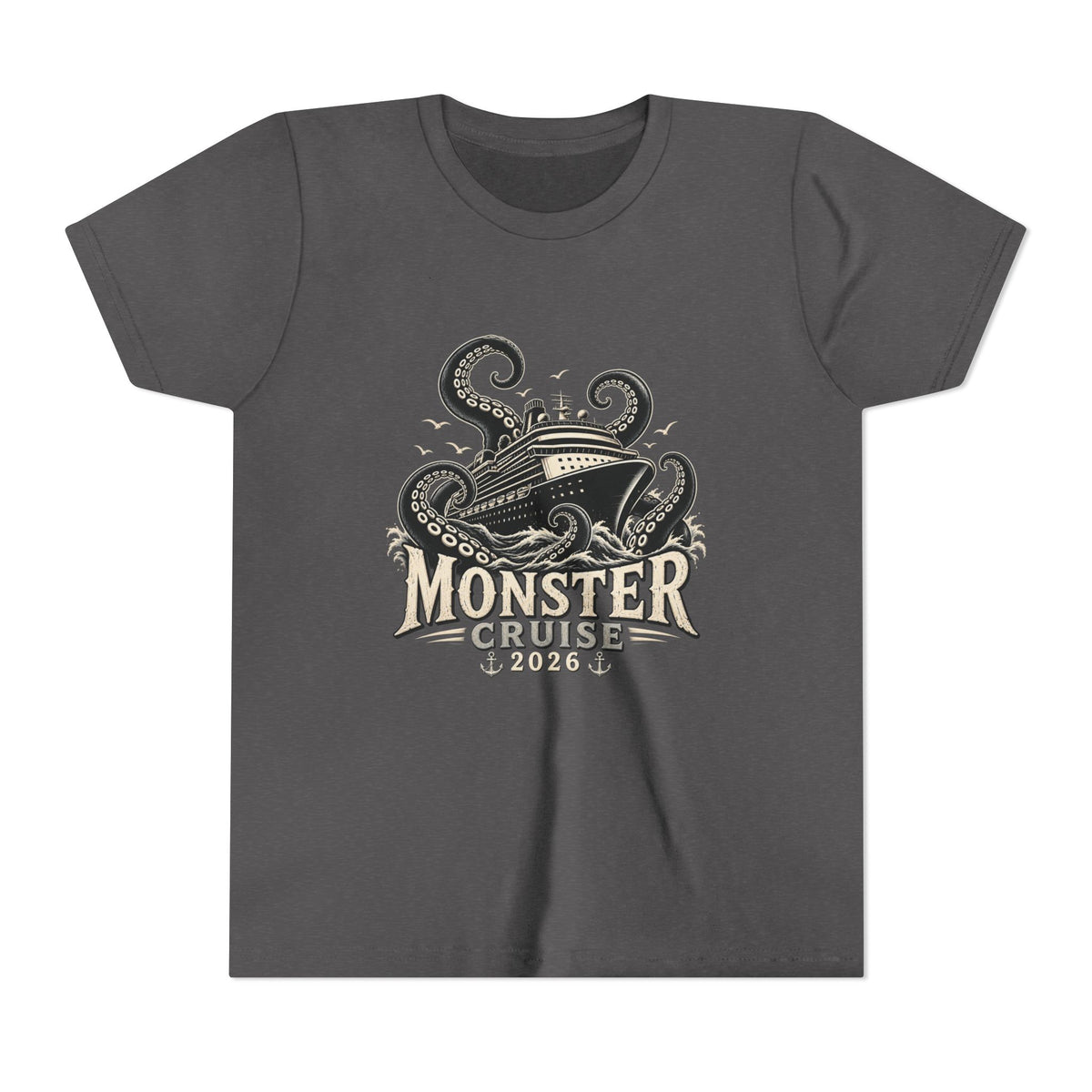 Monster Cruise Youth Tee — Kraken Ship Graphic Kids T-Shirt