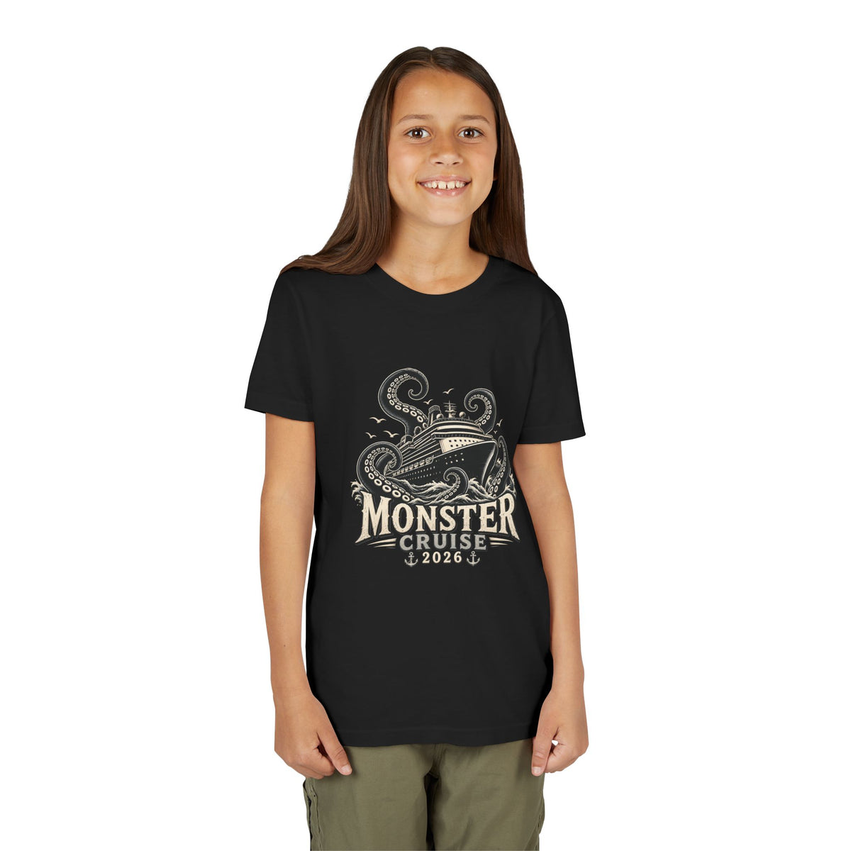 Monster Cruise Youth Tee — Kraken Ship Graphic Kids T-Shirt