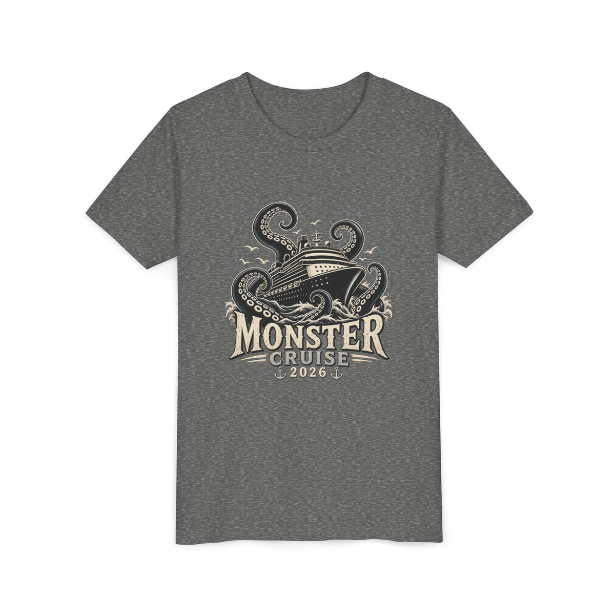 Monster Cruise Youth Tee — Kraken Ship Graphic Kids T-Shirt