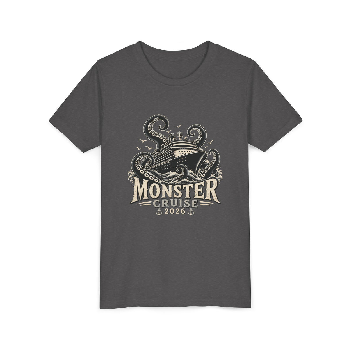 Monster Cruise Youth Tee — Kraken Ship Graphic Kids T-Shirt
