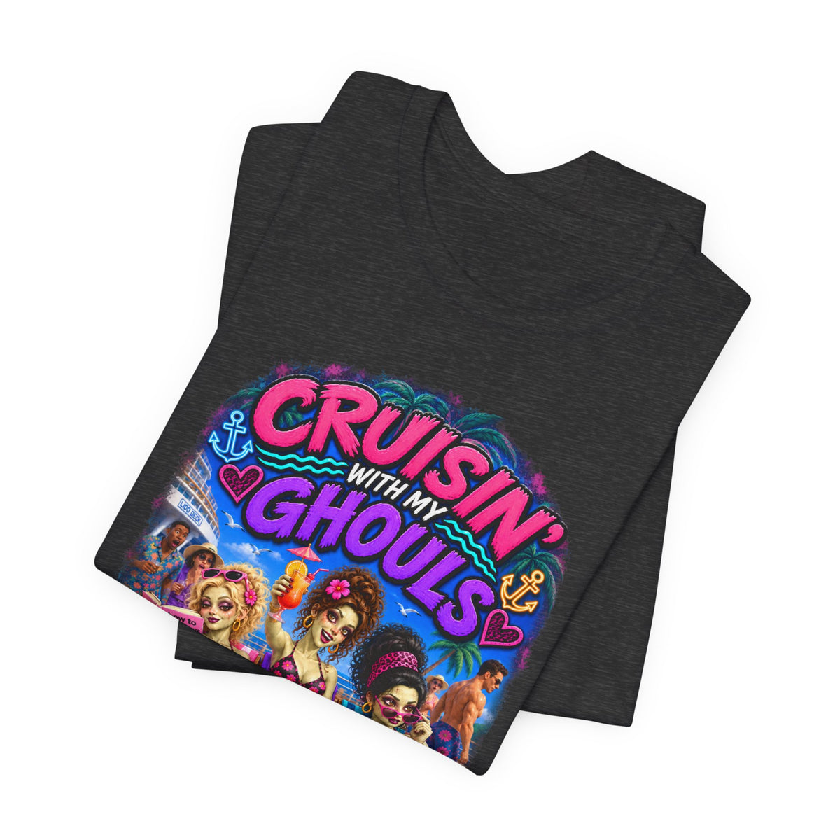 Cruisin' With My Ghouls Beach Tee — Retro Pinup Halloween T‑Shirt