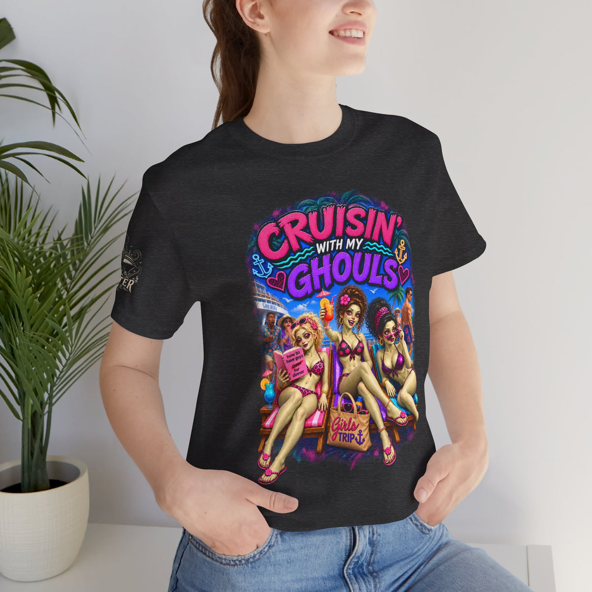 Cruisin' With My Ghouls Beach Tee — Retro Pinup Halloween T‑Shirt