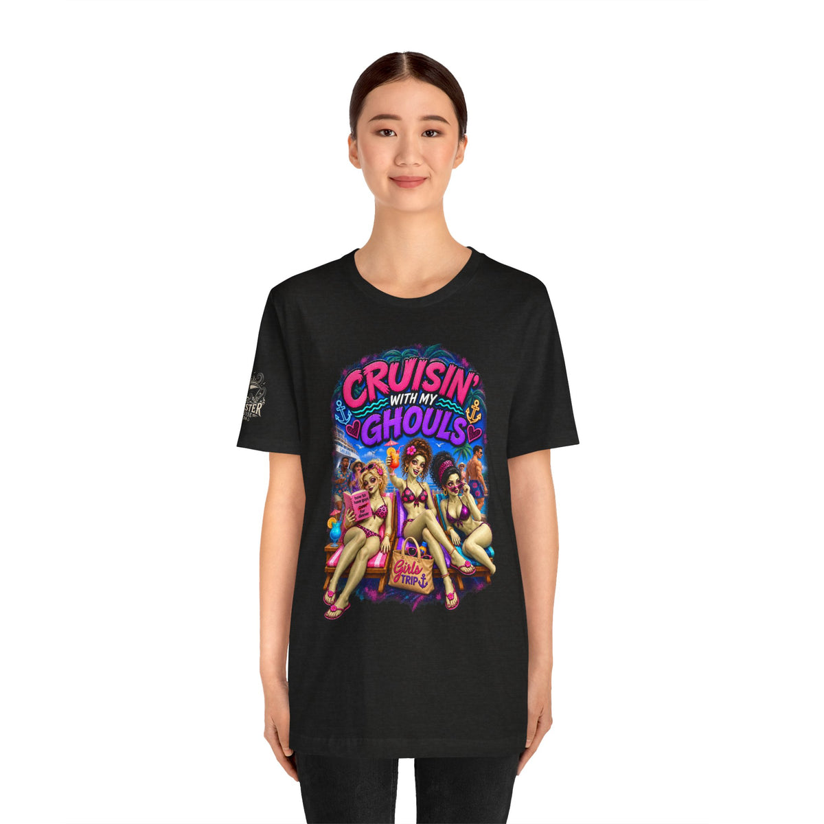 Cruisin' With My Ghouls Beach Tee — Retro Pinup Halloween T‑Shirt