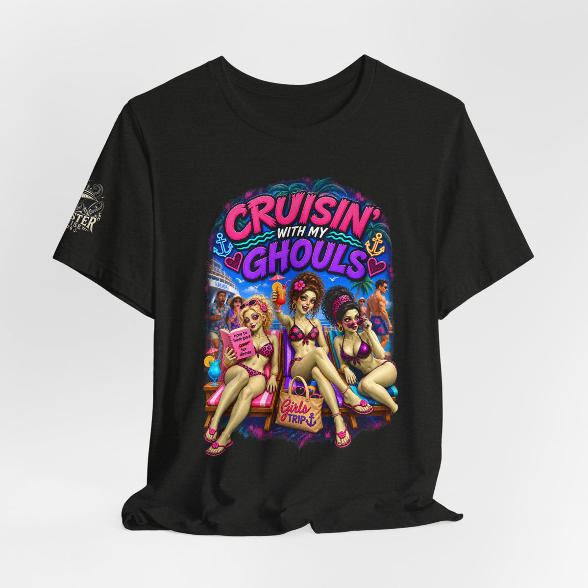 Cruisin' With My Ghouls Beach Tee — Retro Pinup Halloween T‑Shirt