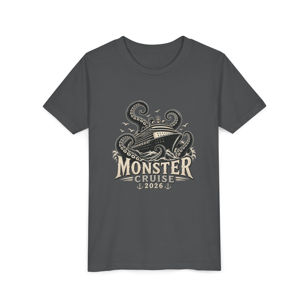 Monster Cruise Youth Tee — Kraken Ship Graphic Kids T-Shirt
