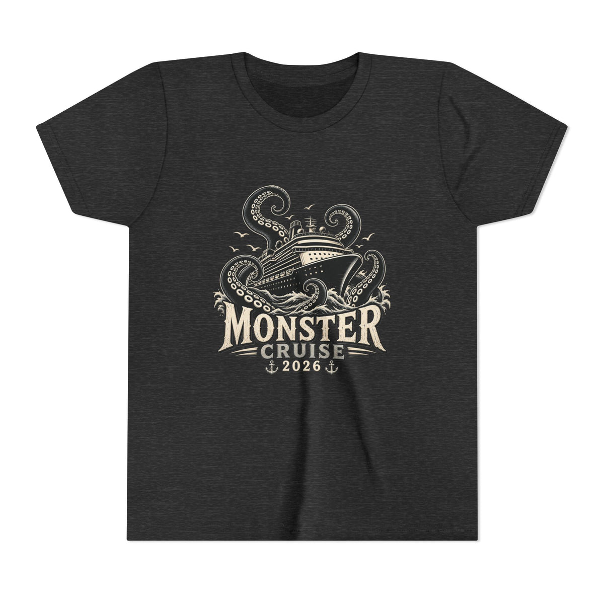 Monster Cruise Youth Tee — Kraken Ship Graphic Kids T-Shirt