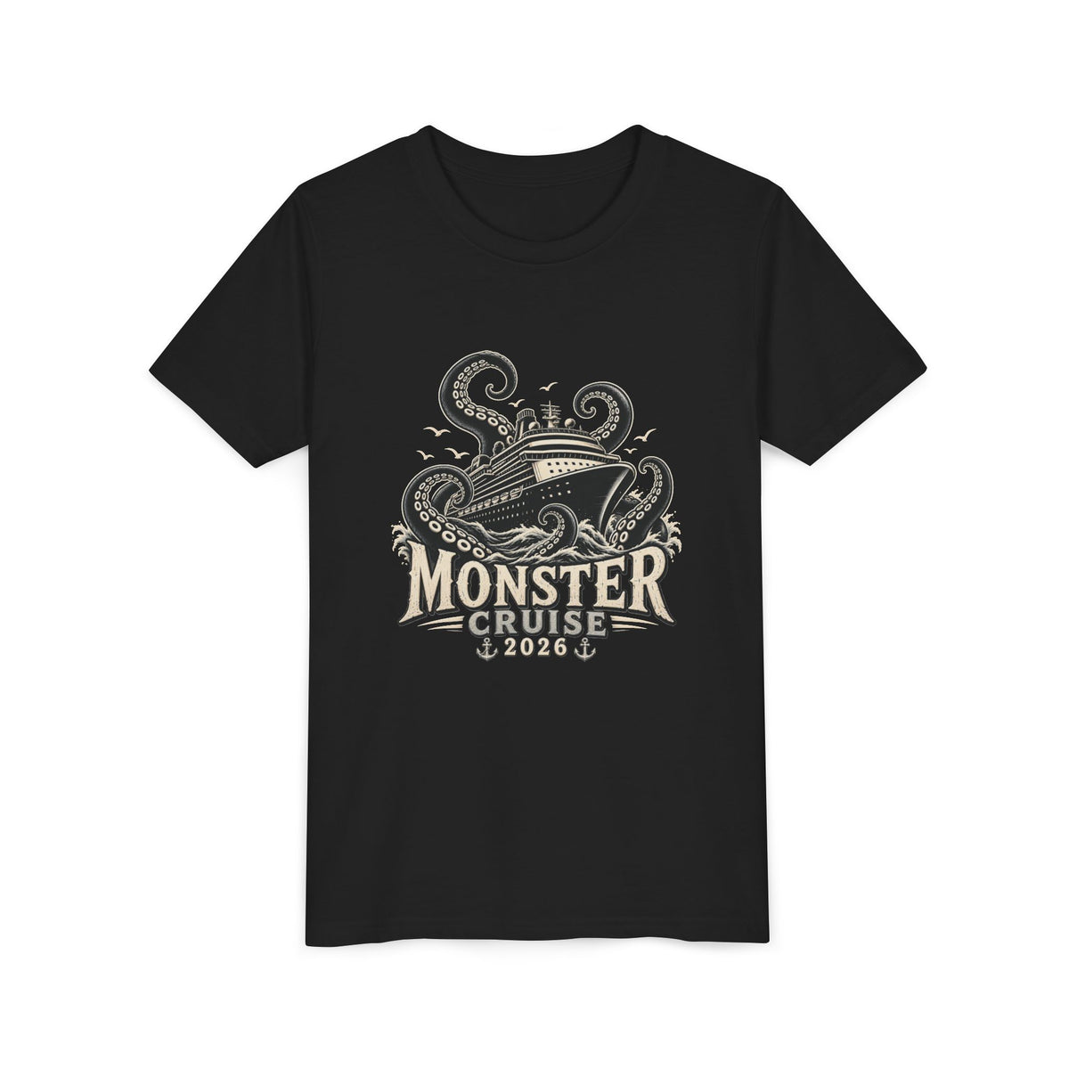 Monster Cruise Youth Tee — Kraken Ship Graphic Kids T-Shirt