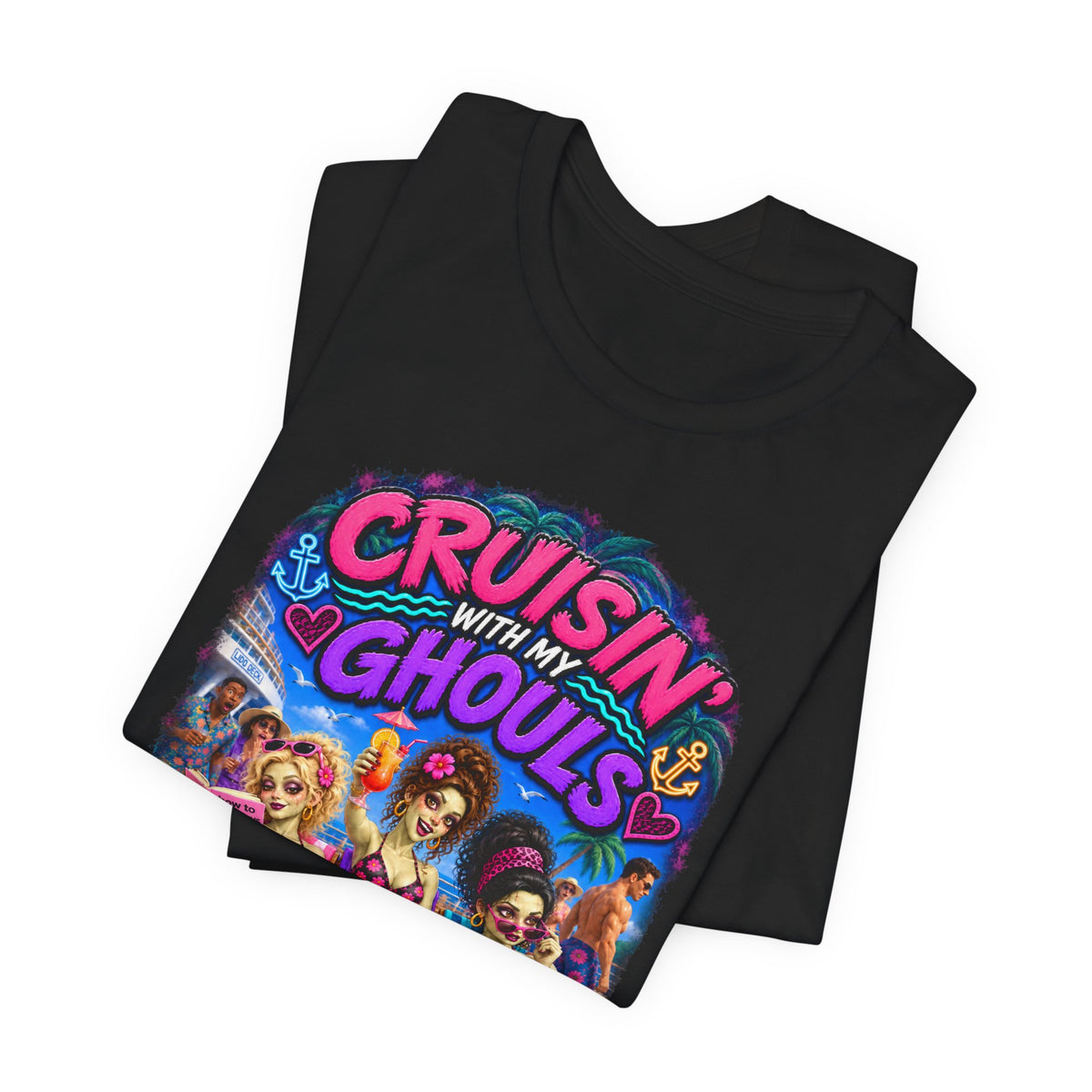 Cruisin' With My Ghouls Beach Tee — Retro Pinup Halloween T‑Shirt