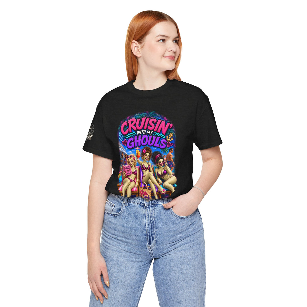 Cruisin' With My Ghouls Beach Tee — Retro Pinup Halloween T‑Shirt