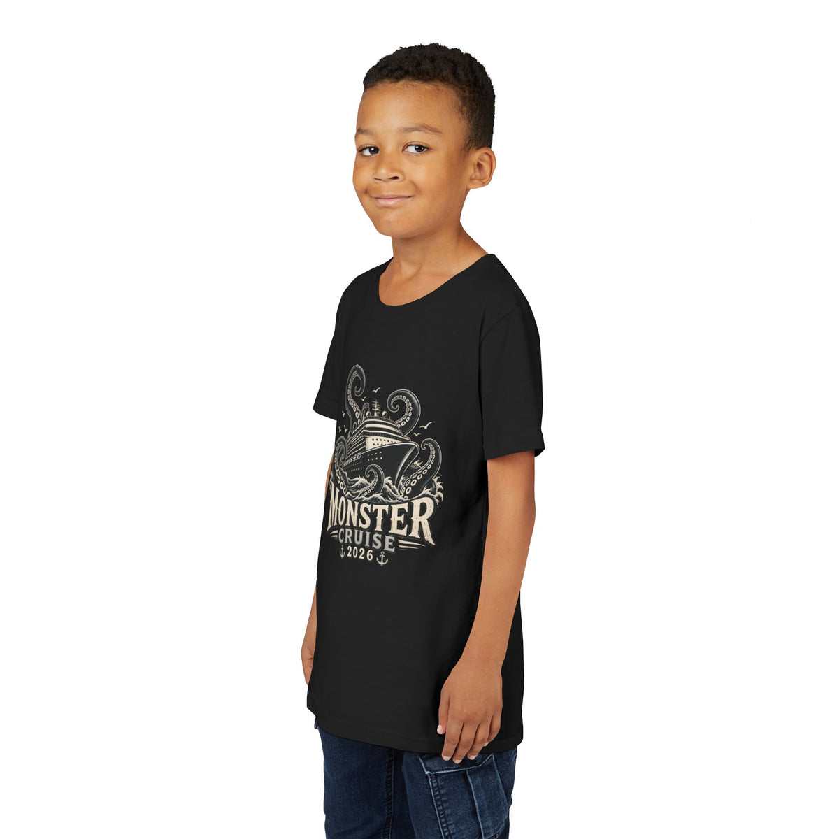 Monster Cruise Youth Tee — Kraken Ship Graphic Kids T-Shirt