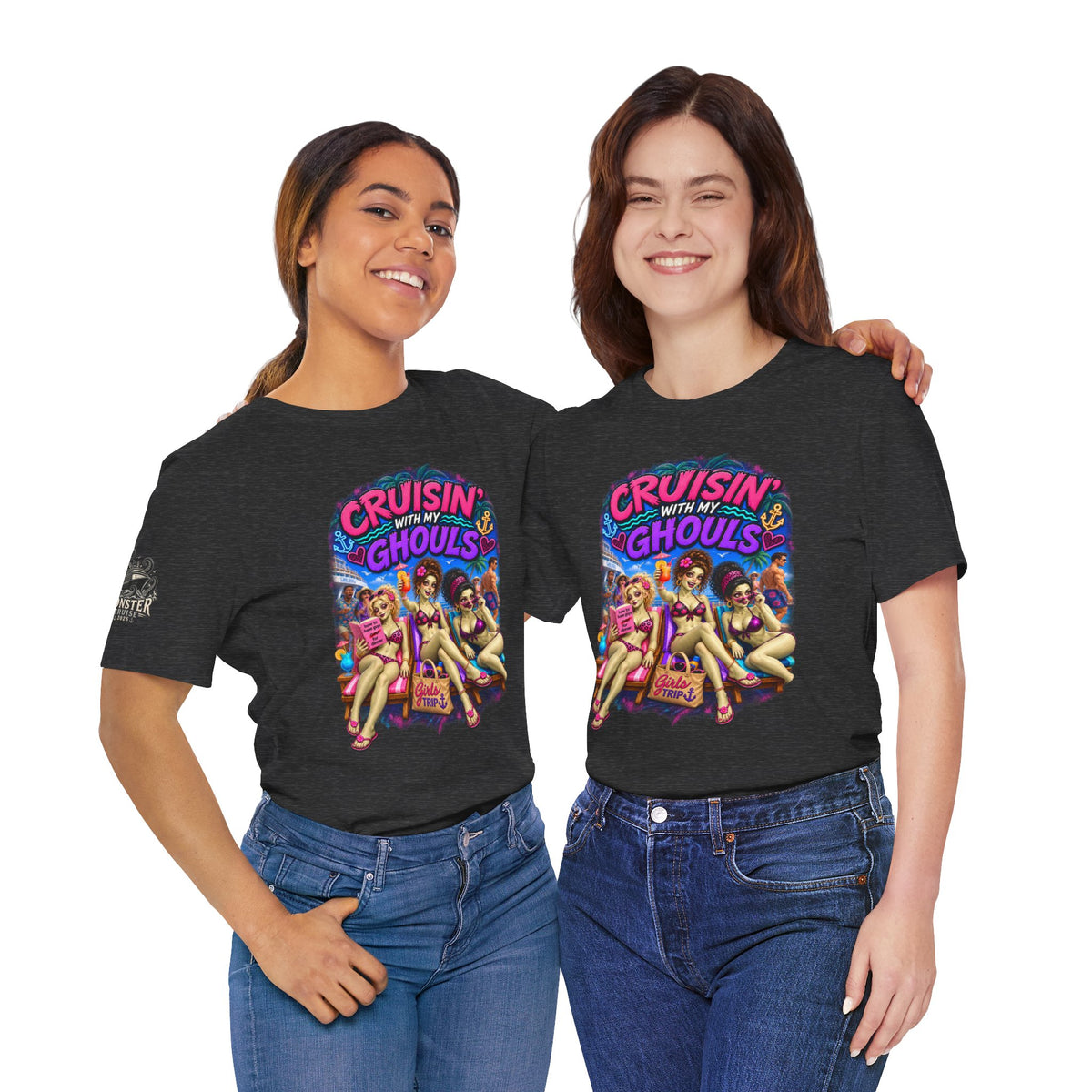 Cruisin' With My Ghouls Beach Tee — Retro Pinup Halloween T‑Shirt