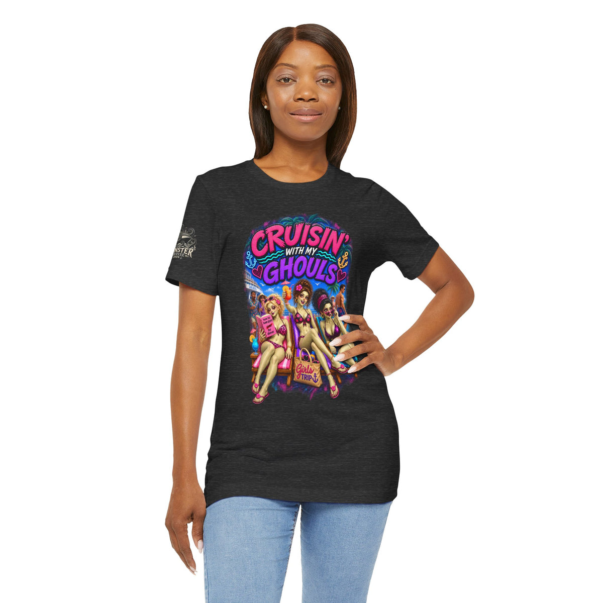Cruisin' With My Ghouls Beach Tee — Retro Pinup Halloween T‑Shirt