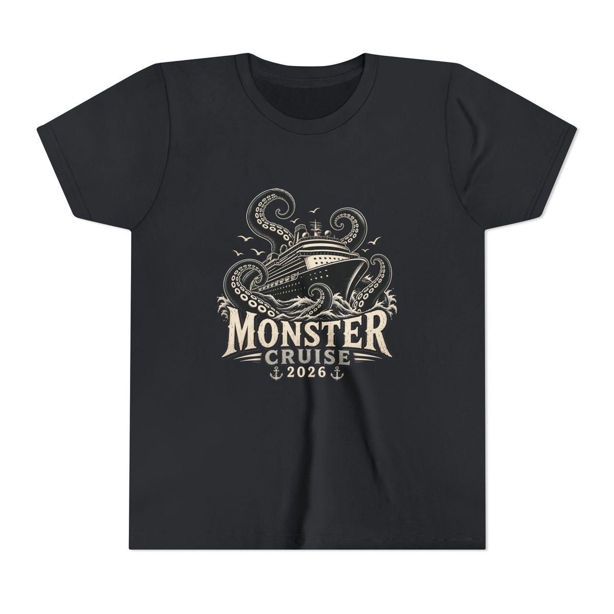 Monster Cruise Youth Tee — Kraken Ship Graphic Kids T-Shirt