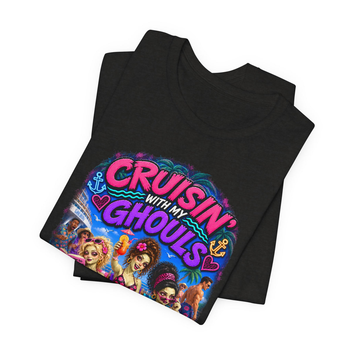 Cruisin' With My Ghouls Beach Tee — Retro Pinup Halloween T‑Shirt
