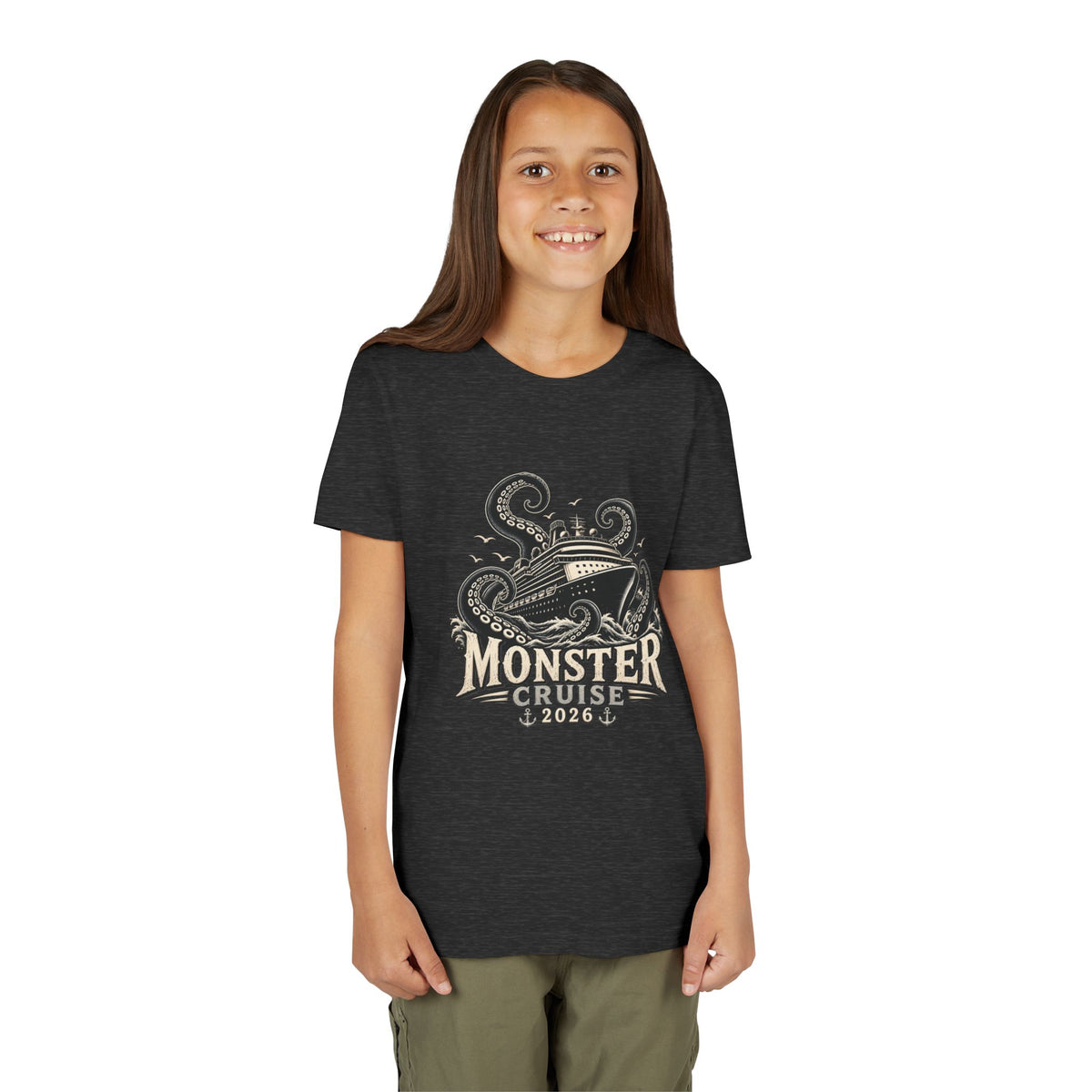 Monster Cruise Youth Tee — Kraken Ship Graphic Kids T-Shirt