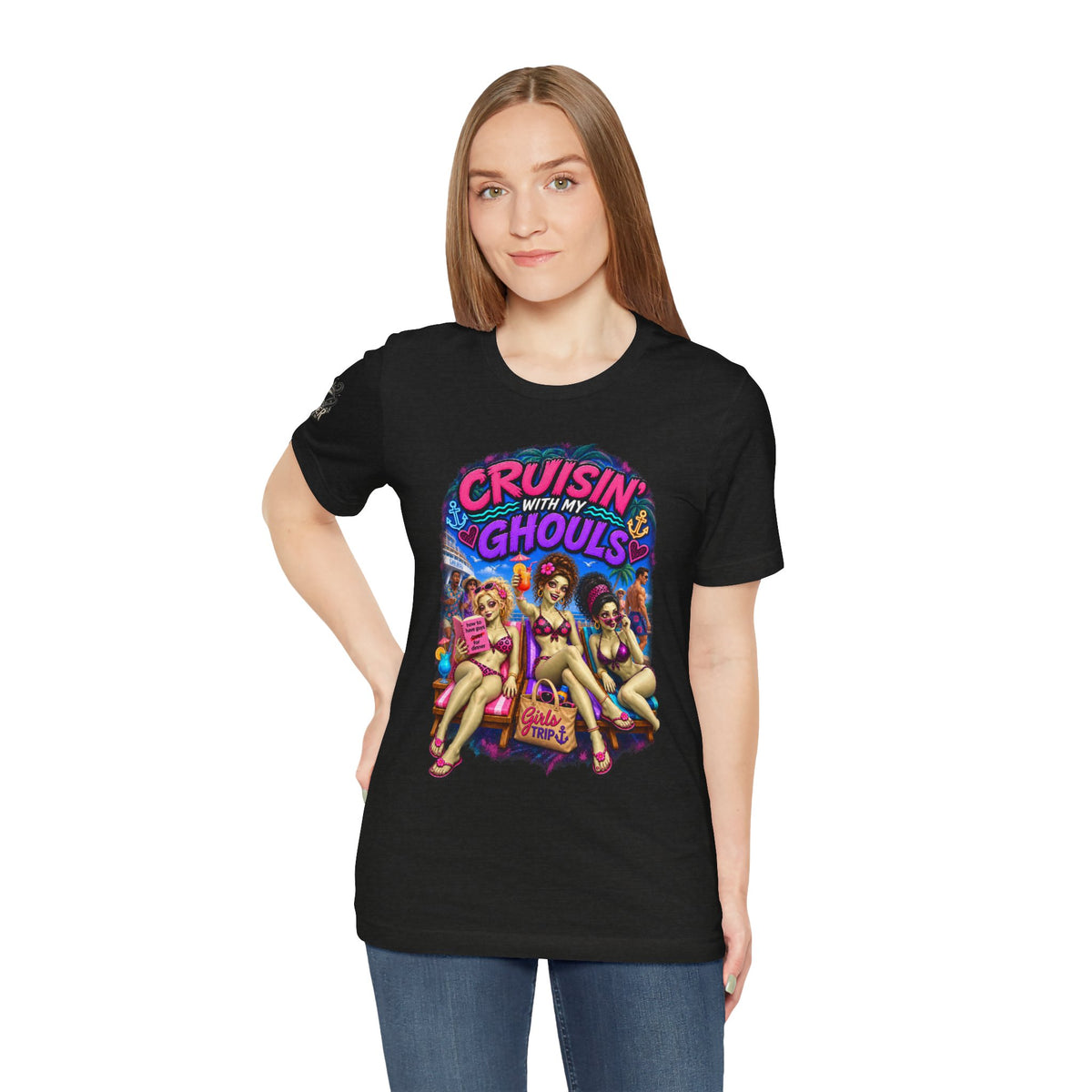 Cruisin' With My Ghouls Beach Tee — Retro Pinup Halloween T‑Shirt