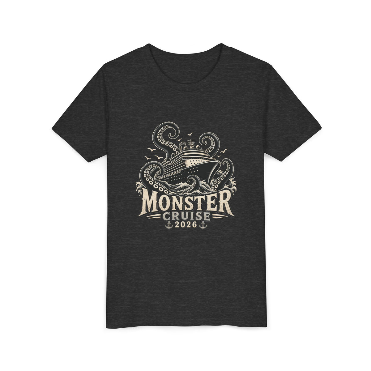 Monster Cruise Youth Tee — Kraken Ship Graphic Kids T-Shirt