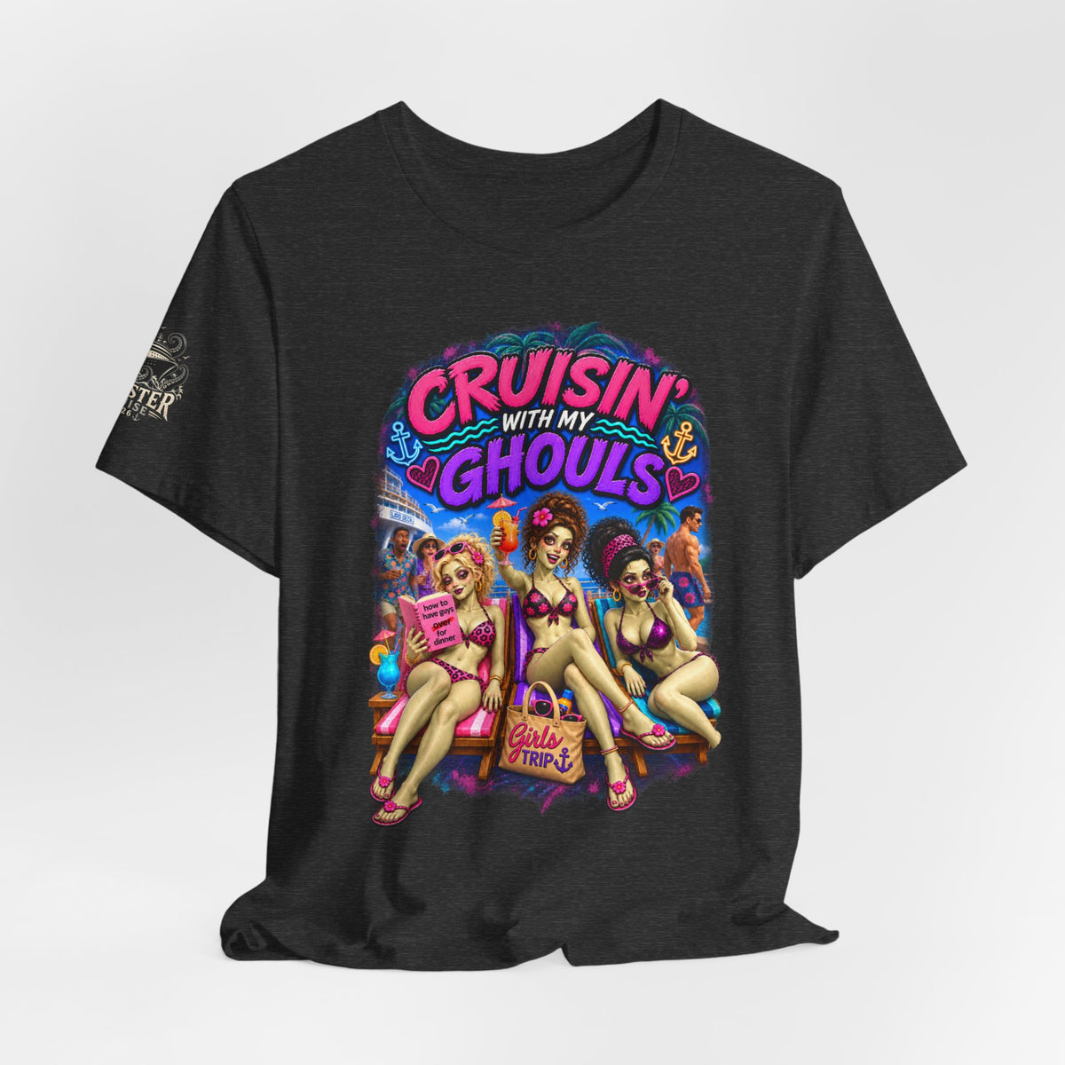 Cruisin' With My Ghouls Beach Tee — Retro Pinup Halloween T‑Shirt