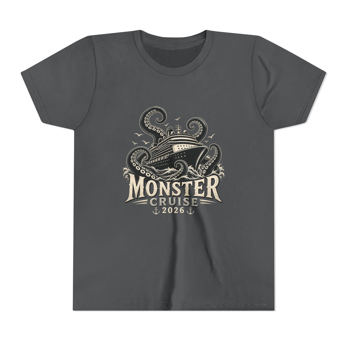 Monster Cruise Youth Tee — Kraken Ship Graphic Kids T-Shirt