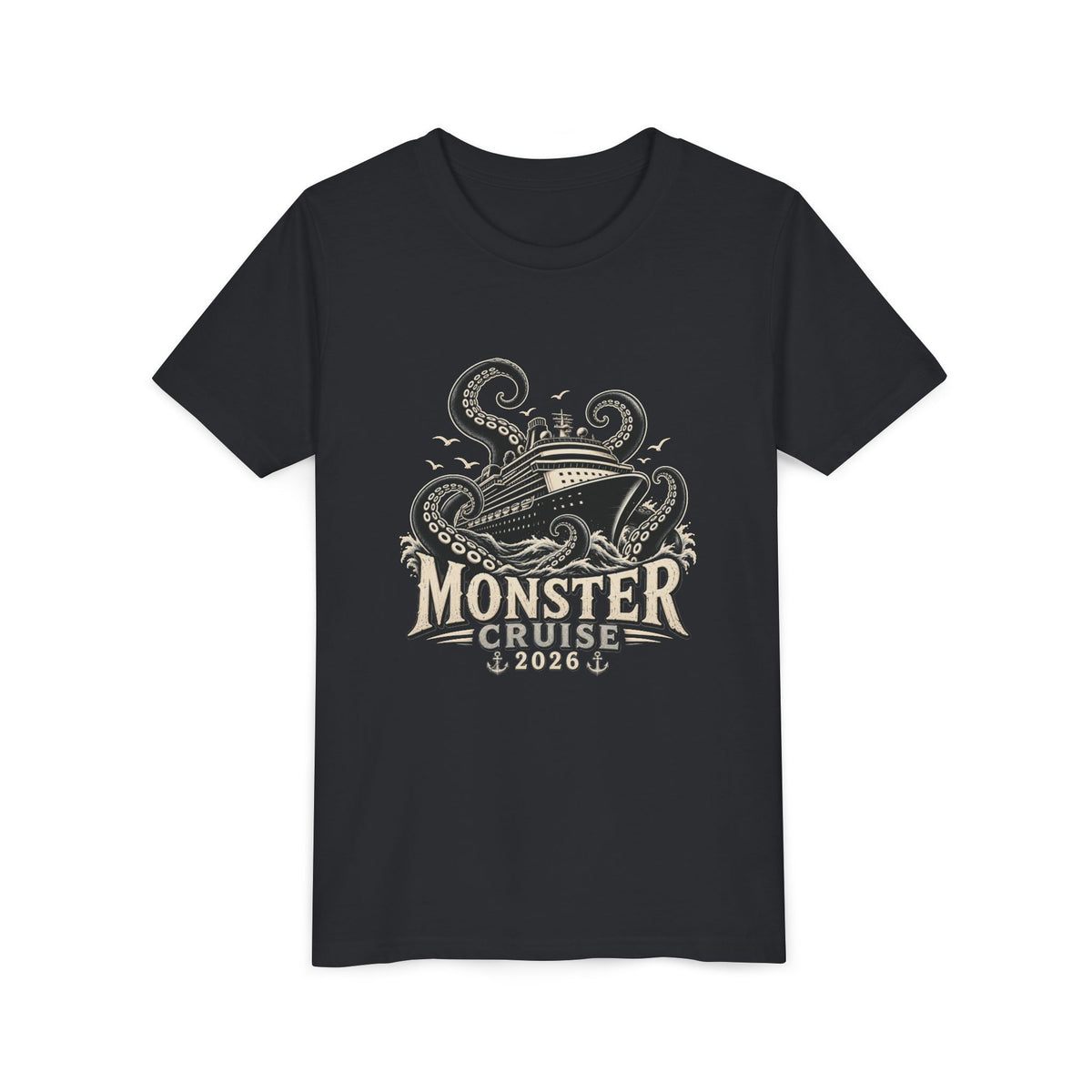 Monster Cruise Youth Tee — Kraken Ship Graphic Kids T-Shirt